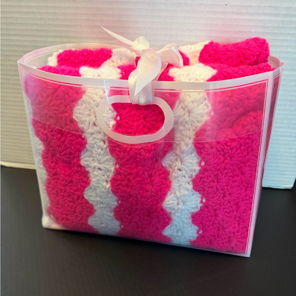 Handmade Crocheted Blanket 54x41 New Pink & White Throw Blanky.  ‎ WNTR